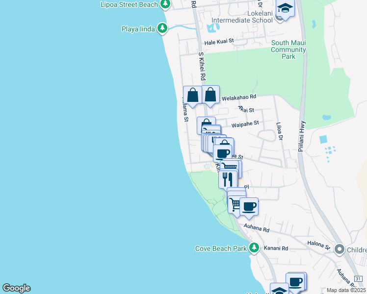 map of restaurants, bars, coffee shops, grocery stores, and more near 1736 Halama Street in Kihei