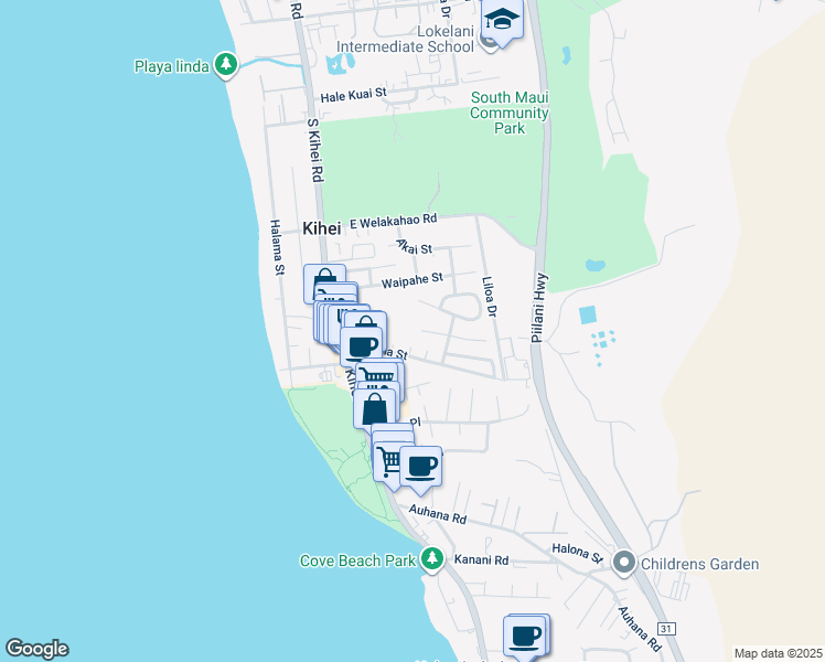 map of restaurants, bars, coffee shops, grocery stores, and more near 88 Miha Place in Kihei