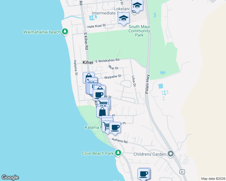 map of restaurants, bars, coffee shops, grocery stores, and more near 88 Miha Place in Kihei