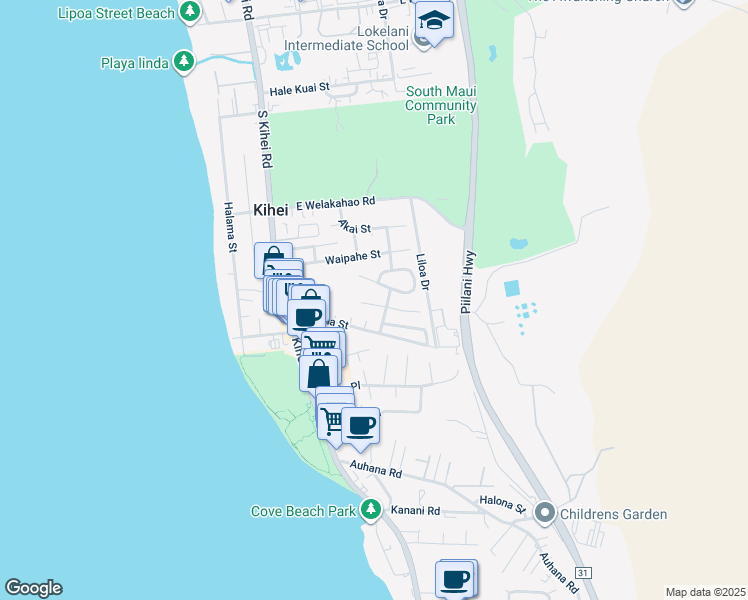 map of restaurants, bars, coffee shops, grocery stores, and more near 117 Miha Place in Kihei