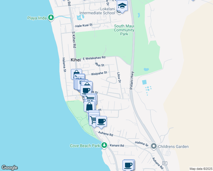 map of restaurants, bars, coffee shops, grocery stores, and more near 123 Miha Place in Kihei