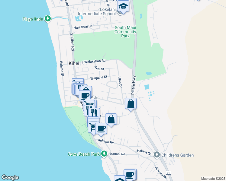 map of restaurants, bars, coffee shops, grocery stores, and more near 176 Mehani Circle in Kihei