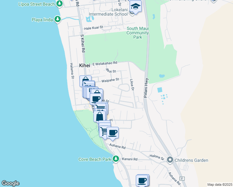 map of restaurants, bars, coffee shops, grocery stores, and more near 117 Miha Place in Kihei