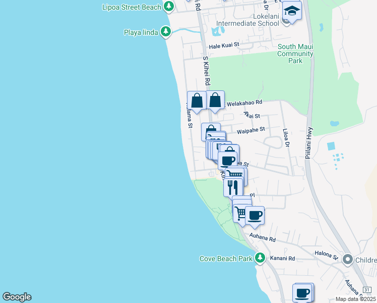 map of restaurants, bars, coffee shops, grocery stores, and more near 1730 Halama Street in Kihei