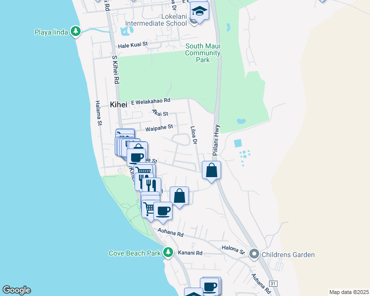 map of restaurants, bars, coffee shops, grocery stores, and more near 176 Mehani Circle in Kihei
