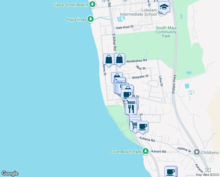 map of restaurants, bars, coffee shops, grocery stores, and more near 1731 Halama Street in Kihei