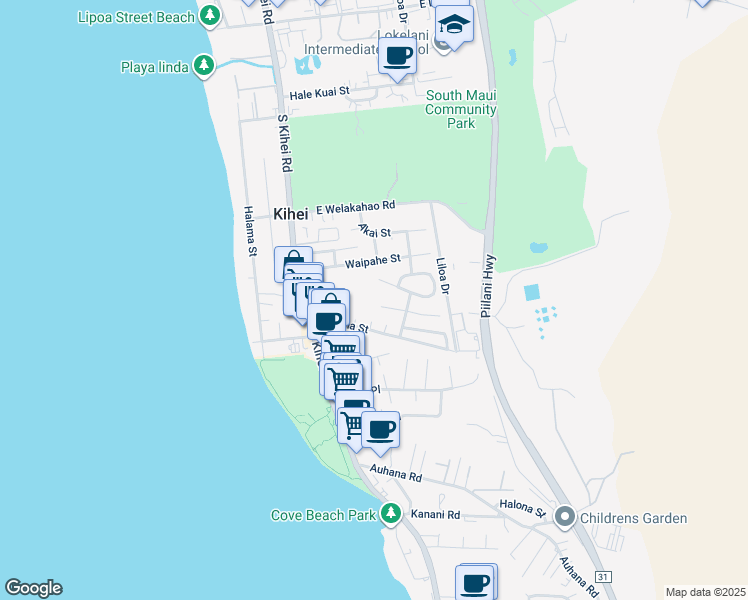 map of restaurants, bars, coffee shops, grocery stores, and more near 87 Miha Place in Kihei