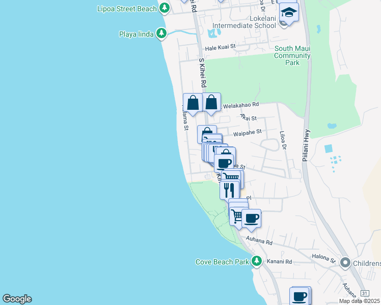 map of restaurants, bars, coffee shops, grocery stores, and more near 1733 Halama Street in Kihei