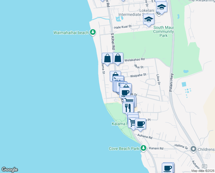 map of restaurants, bars, coffee shops, grocery stores, and more near 1733 Halama Street in Kihei