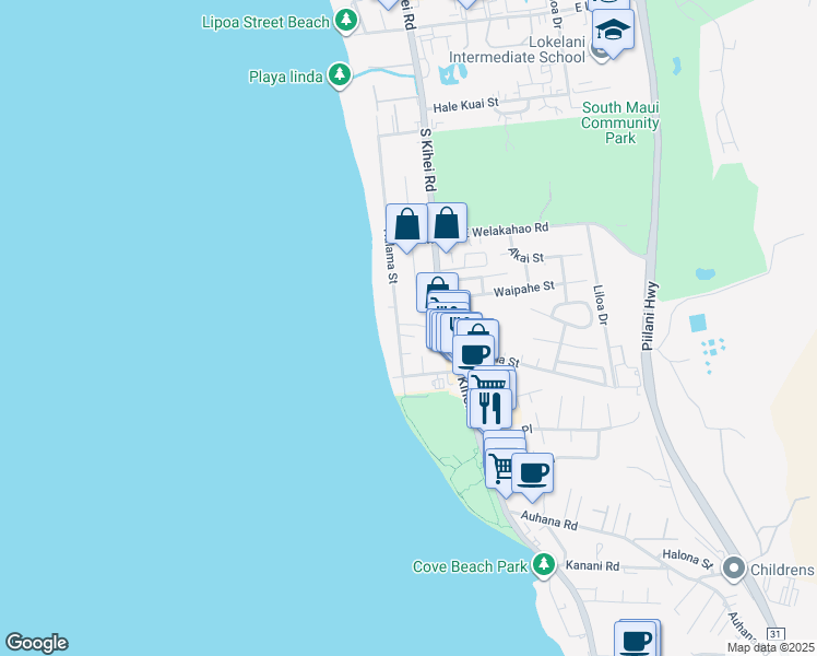 map of restaurants, bars, coffee shops, grocery stores, and more near 1764B South Kihei Road in Kihei