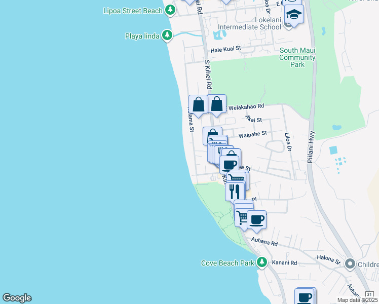 map of restaurants, bars, coffee shops, grocery stores, and more near 1730 Halama Street in Kihei