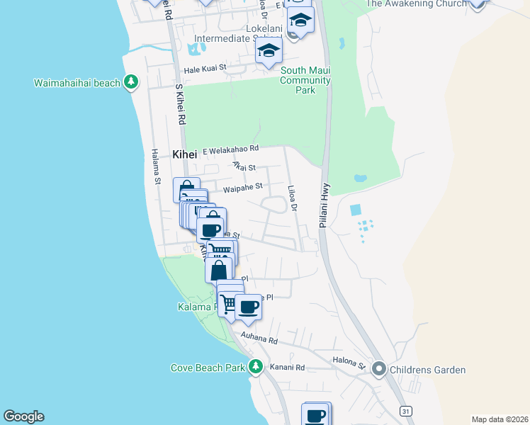 map of restaurants, bars, coffee shops, grocery stores, and more near 1760 Malama Street in Kihei