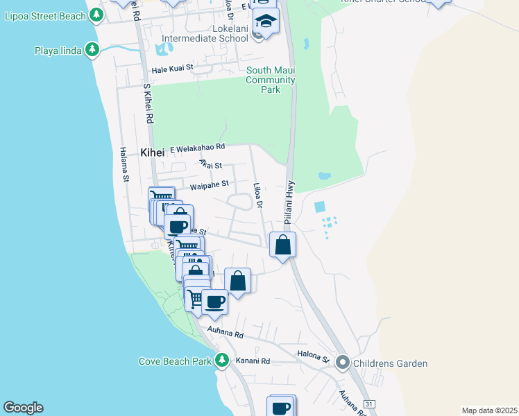 map of restaurants, bars, coffee shops, grocery stores, and more near 192 Mehani Circle in Kihei