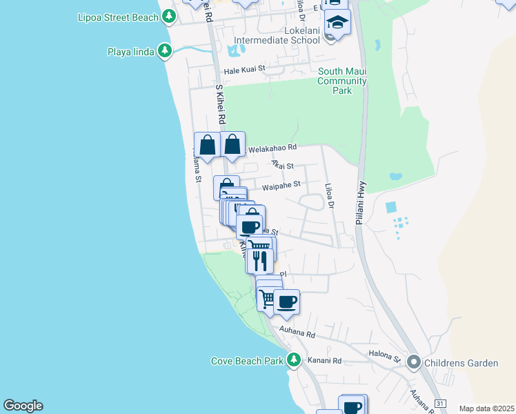 map of restaurants, bars, coffee shops, grocery stores, and more near 1745 South Kihei Road in Kihei