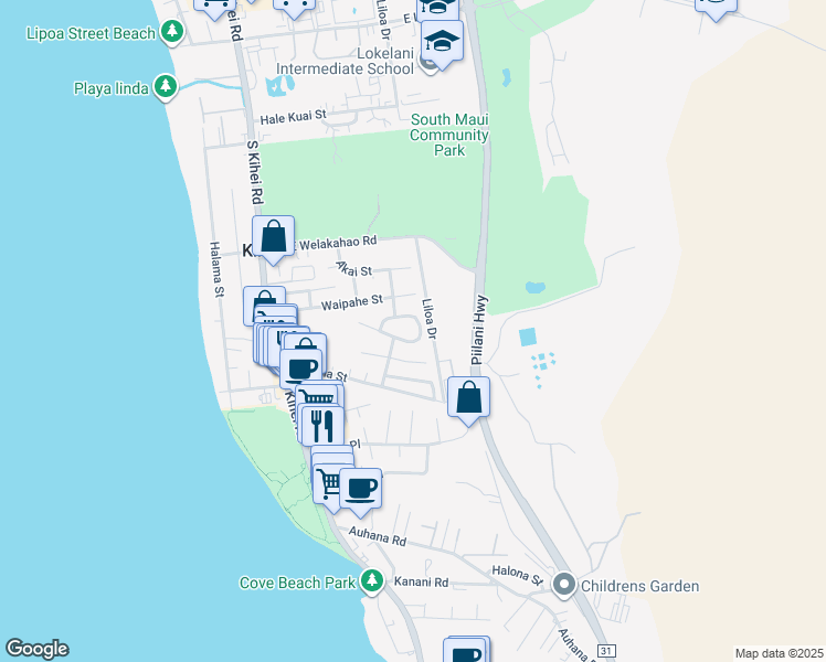 map of restaurants, bars, coffee shops, grocery stores, and more near 197 Mehani Circle in Kihei
