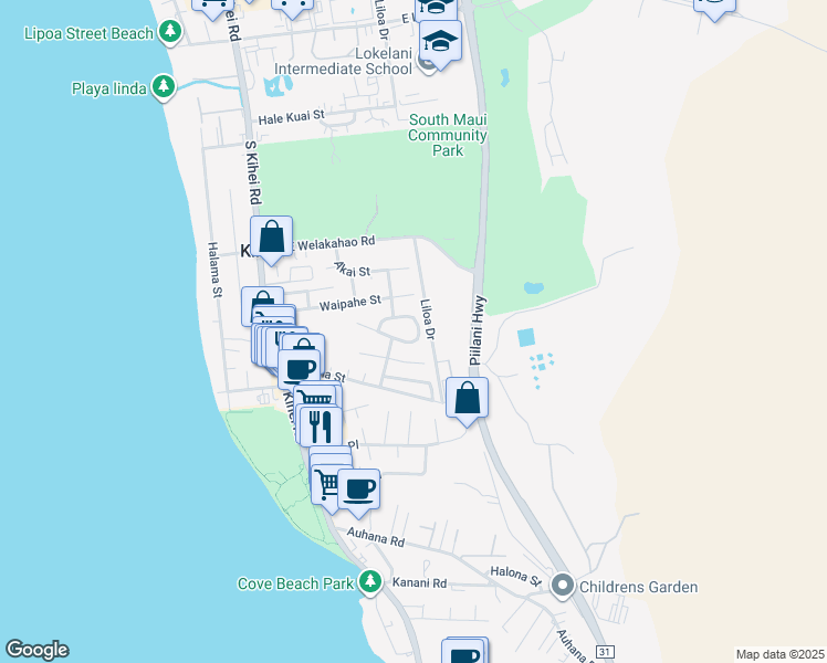map of restaurants, bars, coffee shops, grocery stores, and more near 197 Mehani Circle in Kihei