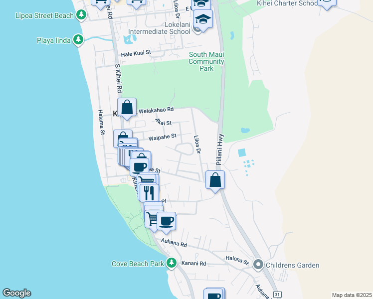 map of restaurants, bars, coffee shops, grocery stores, and more near 163 Mehani Circle in Kihei