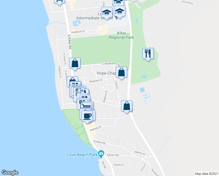 map of restaurants, bars, coffee shops, grocery stores, and more near 163 Mehani Circle in Kihei