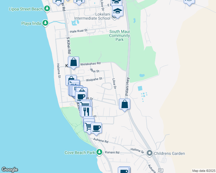 map of restaurants, bars, coffee shops, grocery stores, and more near 163 Mehani Circle in Kihei