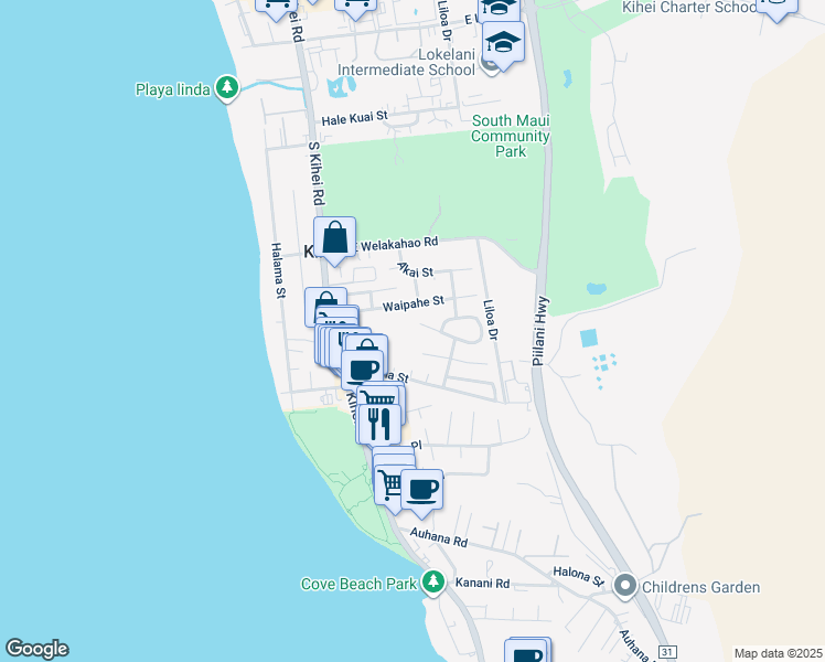 map of restaurants, bars, coffee shops, grocery stores, and more near 100 Mehani Place in Kihei