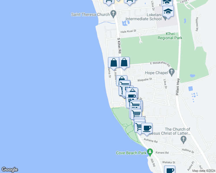 map of restaurants, bars, coffee shops, grocery stores, and more near 1710 Halama Street in Kihei