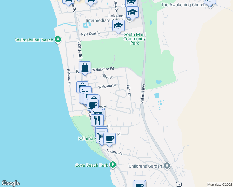 map of restaurants, bars, coffee shops, grocery stores, and more near 117 Mehani Place in Kihei