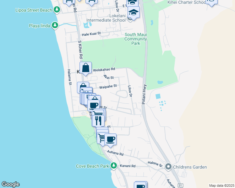 map of restaurants, bars, coffee shops, grocery stores, and more near 139 Mehani Place in Kihei