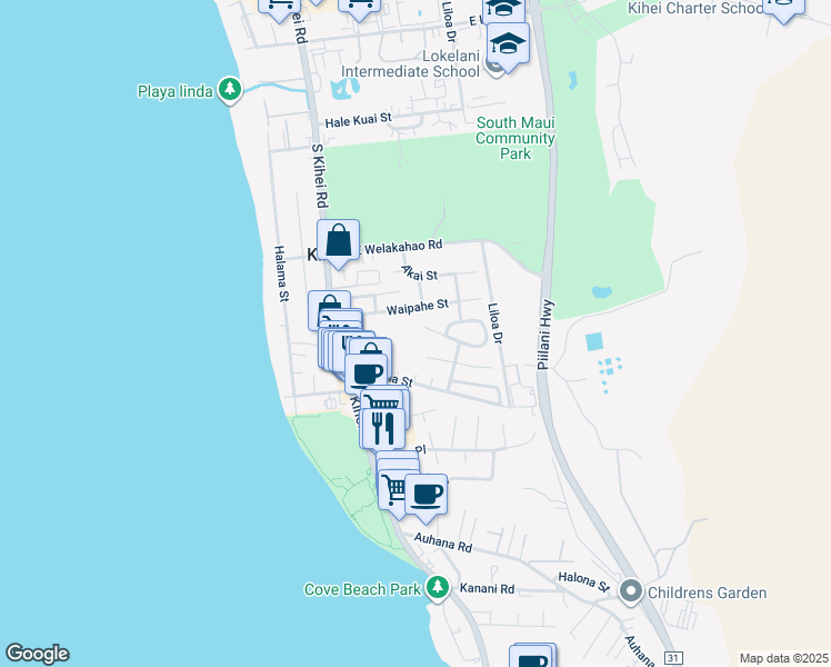 map of restaurants, bars, coffee shops, grocery stores, and more near 100 Mehani Place in Kihei