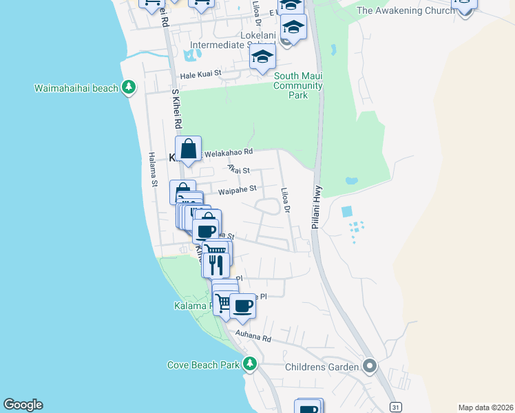map of restaurants, bars, coffee shops, grocery stores, and more near 139 Mehani Place in Kihei