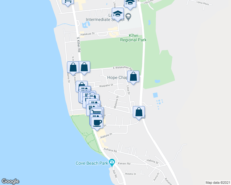 map of restaurants, bars, coffee shops, grocery stores, and more near 139 Mehani Place in Kihei
