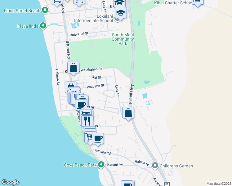 map of restaurants, bars, coffee shops, grocery stores, and more near 208 Mehani Circle in Kihei