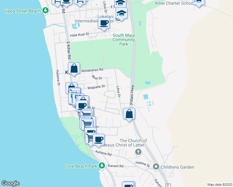 map of restaurants, bars, coffee shops, grocery stores, and more near 208 Mehani Circle in Kihei