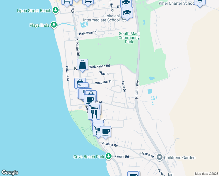 map of restaurants, bars, coffee shops, grocery stores, and more near 125 Mehani Place in Kihei
