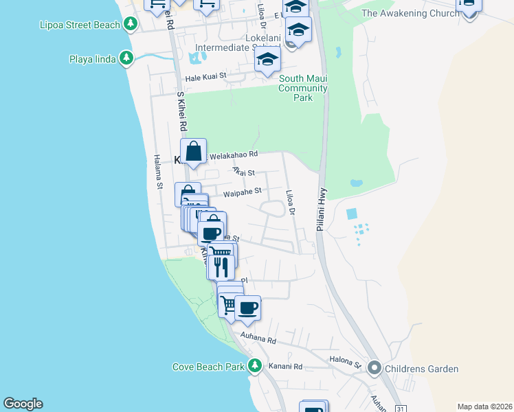 map of restaurants, bars, coffee shops, grocery stores, and more near 125 Mehani Place in Kihei