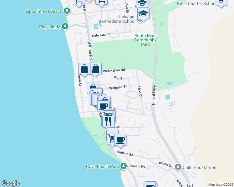 map of restaurants, bars, coffee shops, grocery stores, and more near 98 Mehani Place in Kihei
