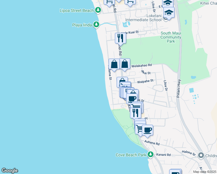 map of restaurants, bars, coffee shops, grocery stores, and more near 1710 Halama Street in Kihei