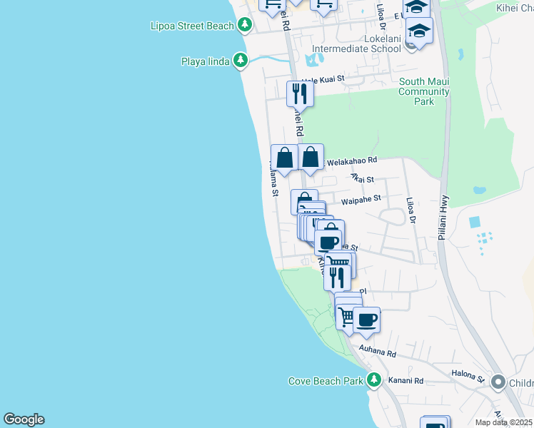map of restaurants, bars, coffee shops, grocery stores, and more near 1702 Halama Street in Kihei