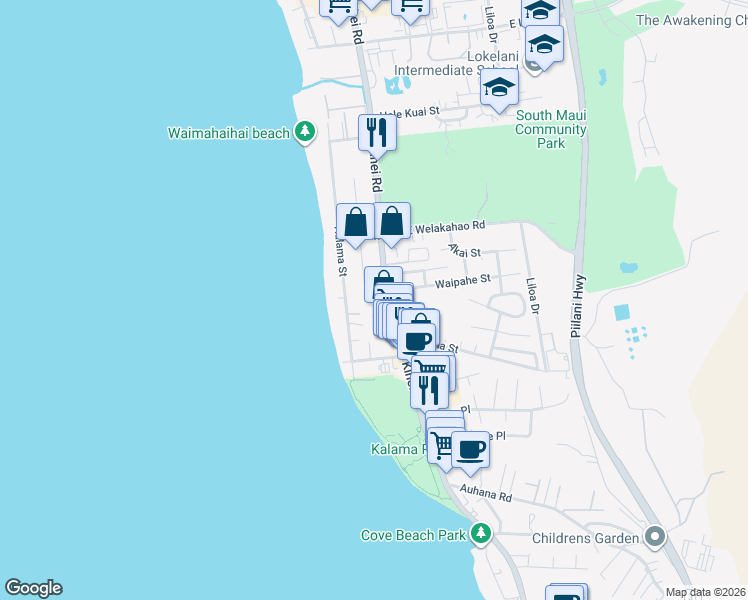 map of restaurants, bars, coffee shops, grocery stores, and more near 1709 South Alaniu Place in Kihei