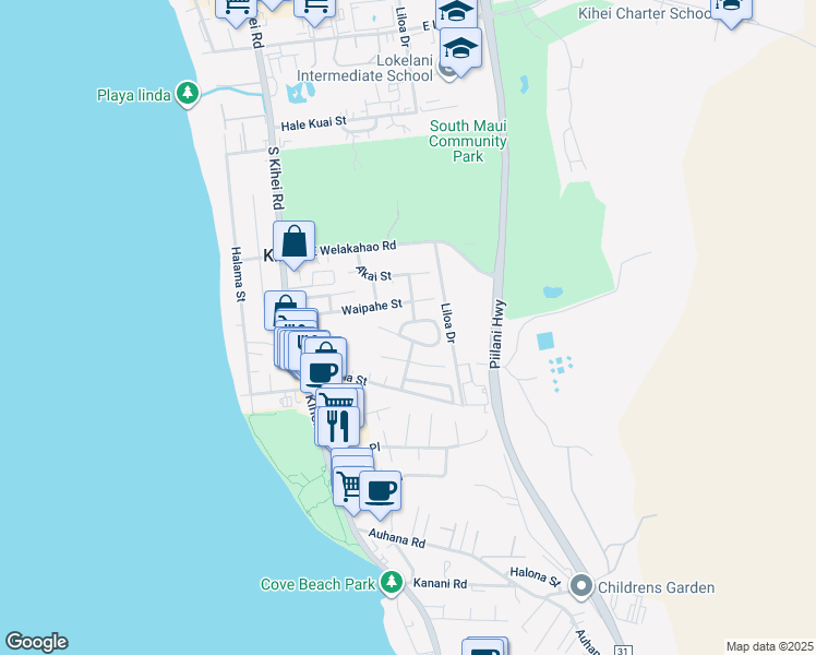 map of restaurants, bars, coffee shops, grocery stores, and more near 263 Mehani Circle in Kihei