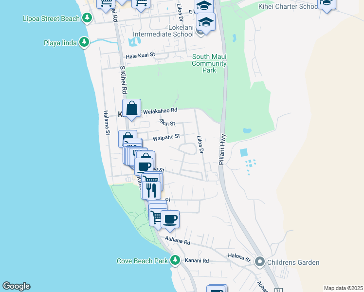 map of restaurants, bars, coffee shops, grocery stores, and more near 263 Mehani Circle in Kihei