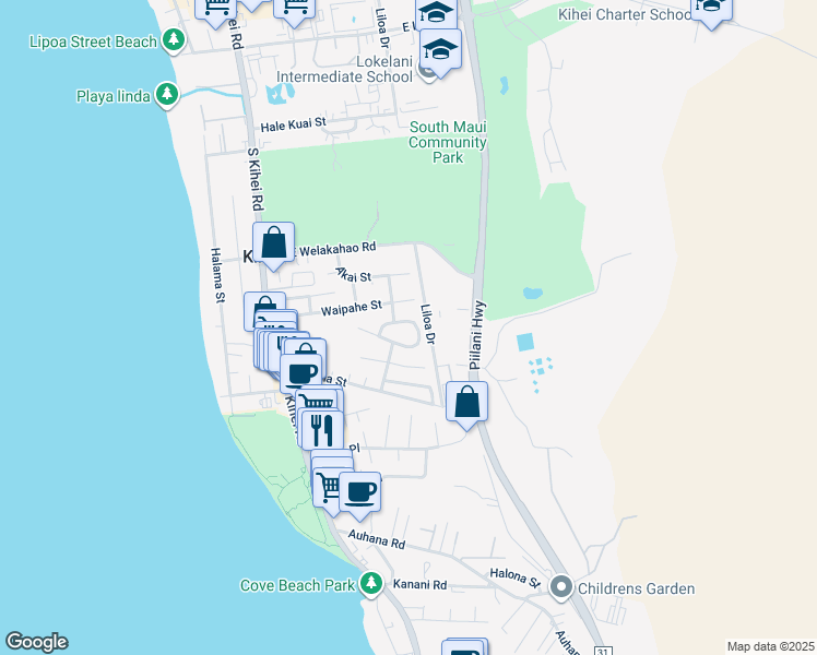 map of restaurants, bars, coffee shops, grocery stores, and more near 227 Mehani Circle in Kihei