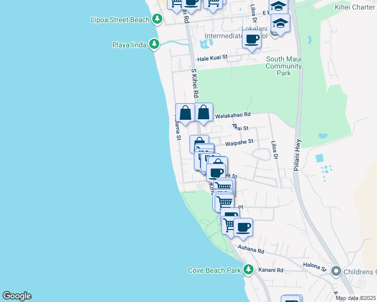 map of restaurants, bars, coffee shops, grocery stores, and more near 1710 South Alaniu Place in Kihei
