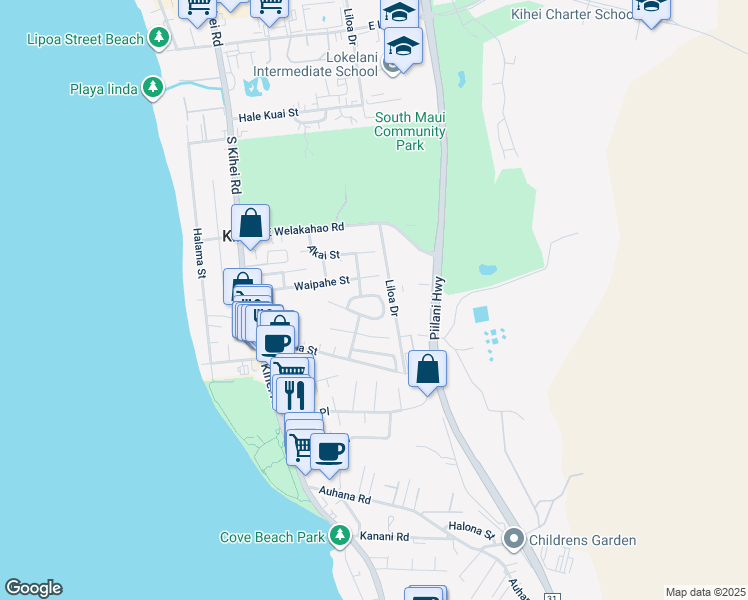 map of restaurants, bars, coffee shops, grocery stores, and more near 227 Mehani Circle in Kihei