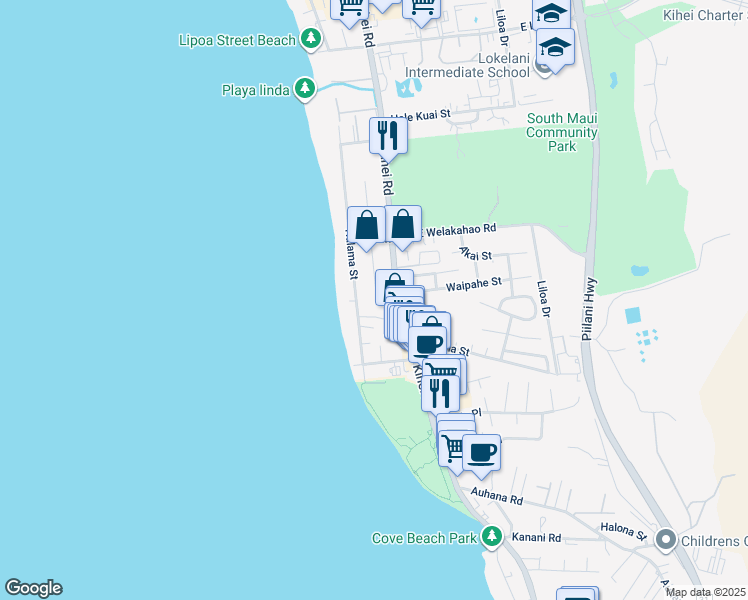 map of restaurants, bars, coffee shops, grocery stores, and more near 1710 South Alaniu Place in Kihei