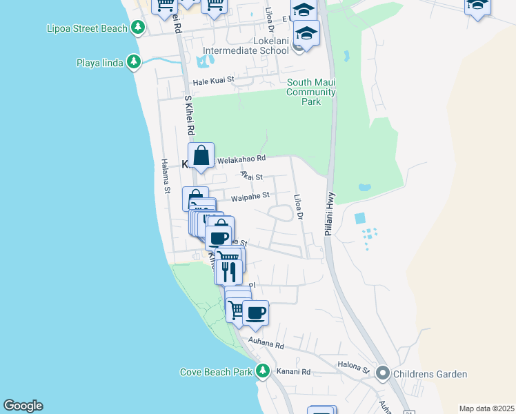 map of restaurants, bars, coffee shops, grocery stores, and more near 107 Mehani Place in Kihei