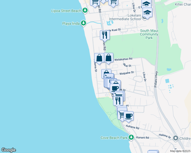 map of restaurants, bars, coffee shops, grocery stores, and more near 1702 Halama Street in Kihei