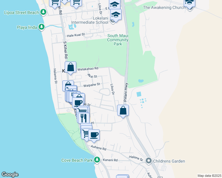 map of restaurants, bars, coffee shops, grocery stores, and more near 227 Mehani Circle in Kihei