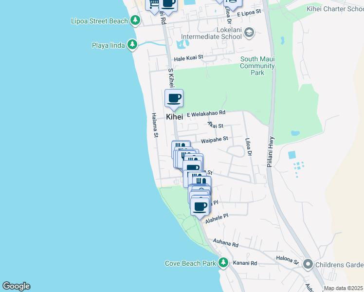 map of restaurants, bars, coffee shops, grocery stores, and more near 12 Uilani Street in Kihei