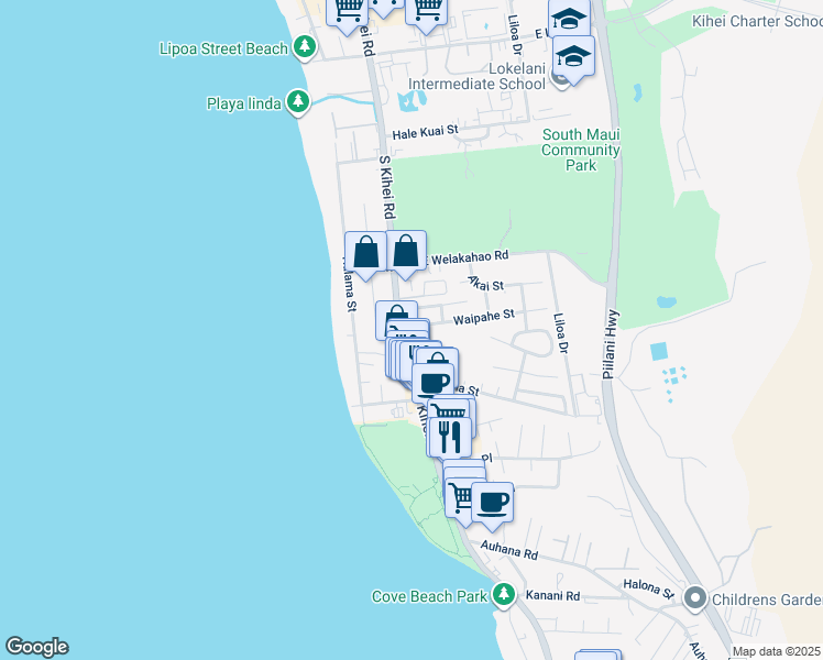 map of restaurants, bars, coffee shops, grocery stores, and more near 12 Uilani Street in Kihei