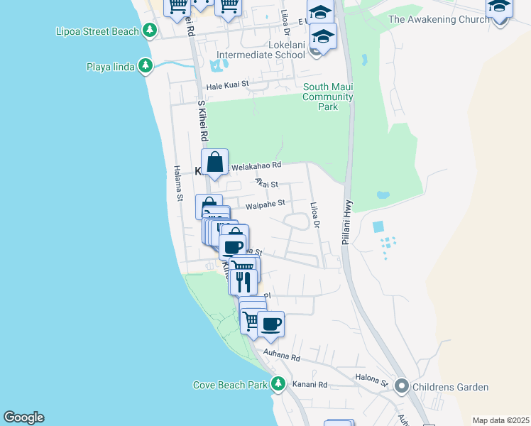 map of restaurants, bars, coffee shops, grocery stores, and more near 117 Mehani Place in Kihei